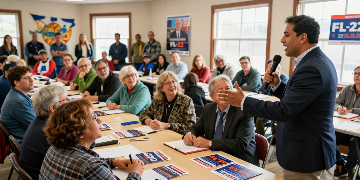 Casey Askar engaging with constituents during a lively town hall meeting discussing FL-22 campaign issues.