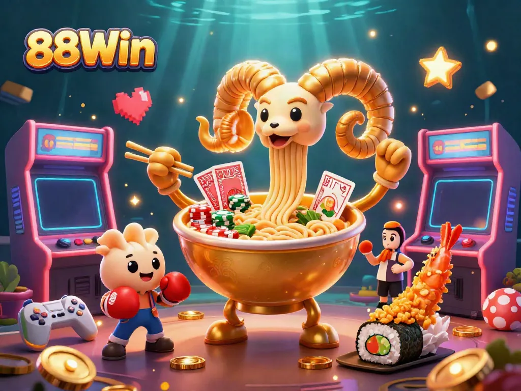 Experience thrilling gameplay with 88Win as a giant ramen bowl dealer stacks chips in a vibrant casino environment.