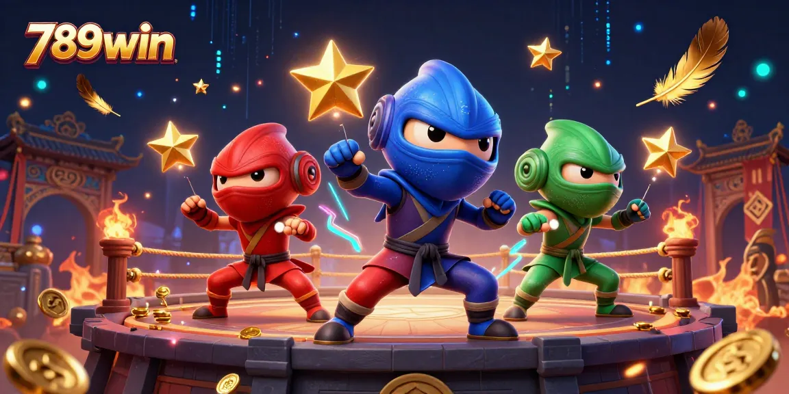 Experience thrilling action with 789win's chameleon ninjas in a vibrant casino-themed 3D illustration.