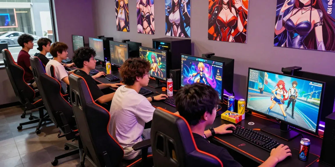 Gamers enjoying femboy hentai games in a vibrant gaming lounge with dynamic LED lighting and modern setups.