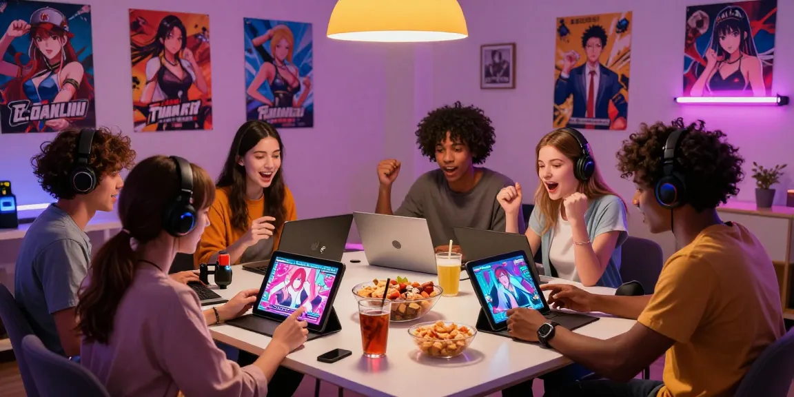 Group of friends enjoying hentai ganes on tablets in a lively gaming room