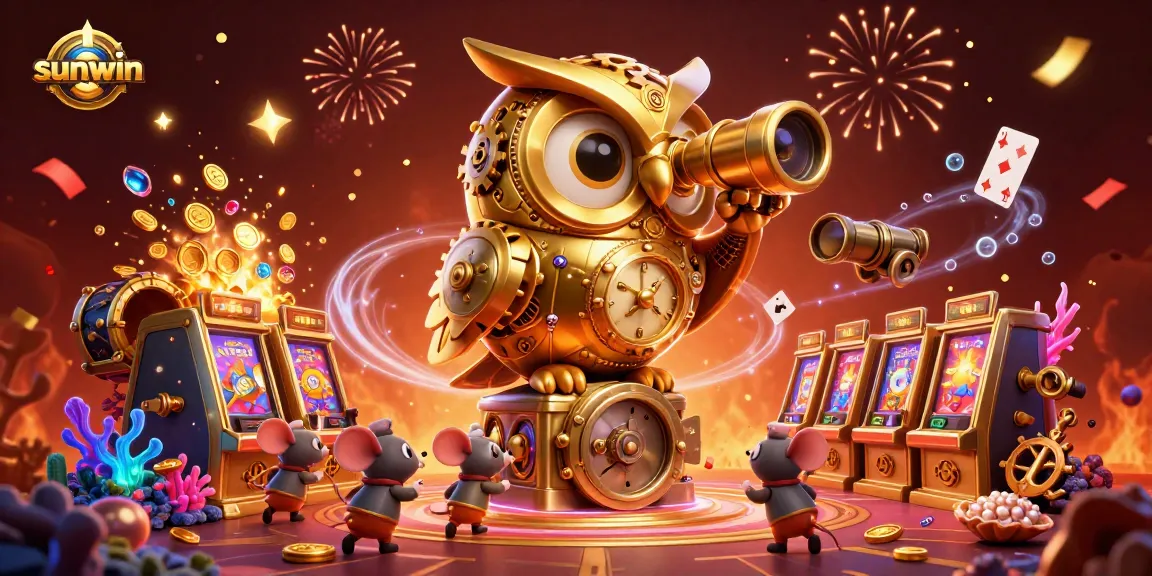 Experience the thrill of winning with Sunwin's vibrant 3D casino illustration featuring dynamic characters.