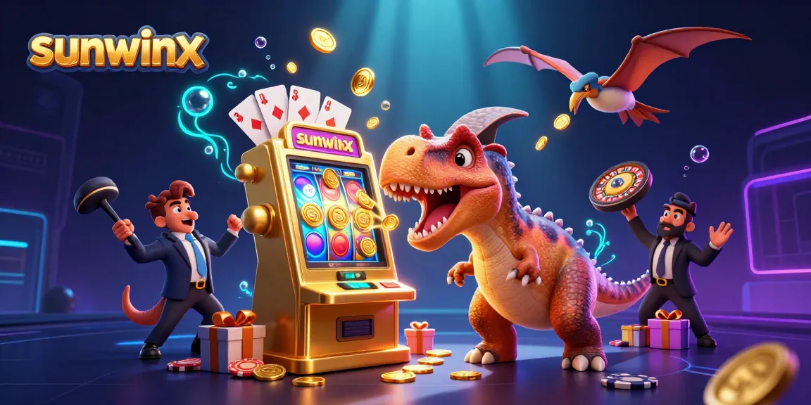 Catch the jackpot with sunwinx as a pachycephalosaurus strikes a golden slot machine amidst flying coins.