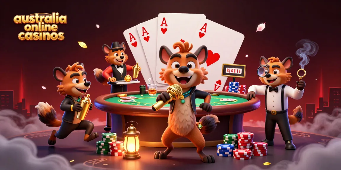 Engaging scene of a comedy casino highlighting australia online casinos with hyenas performing and playing poker