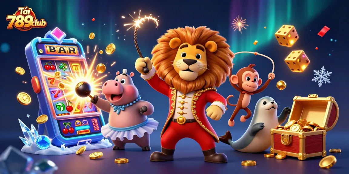 Tải 789club features vibrant 3D circus characters amidst an exciting jackpot explosion, perfect for casino fun.