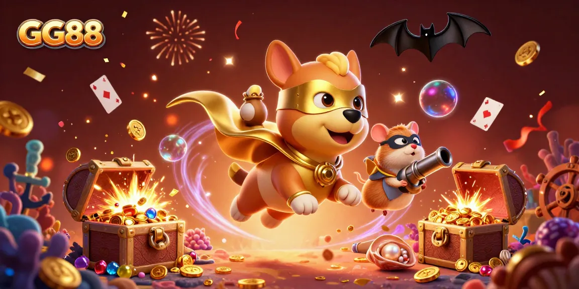Engage with GG88 through a vibrant illustration of a superhero dog and hamster in a thrilling casino adventure.