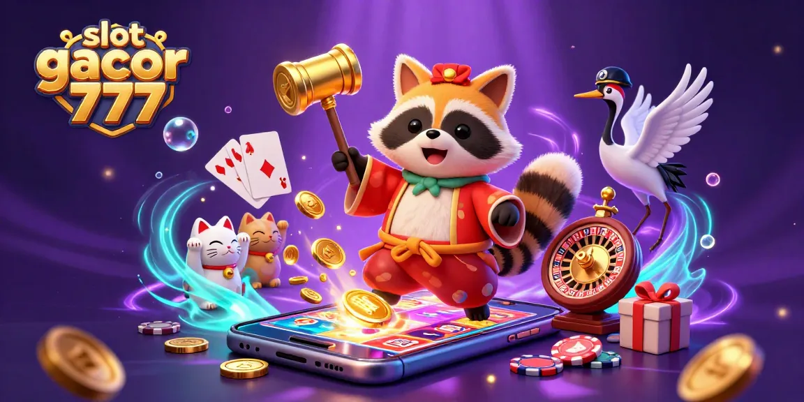 Experience slot gacor 777 with a cheerful tanuki and colorful characters in a vibrant casino-themed 3D illustration.