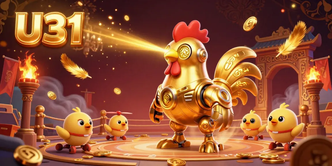Bet on U31's vibrant gold-themed casino illustration where a golden rooster robot commands a thrilling gaming arena.