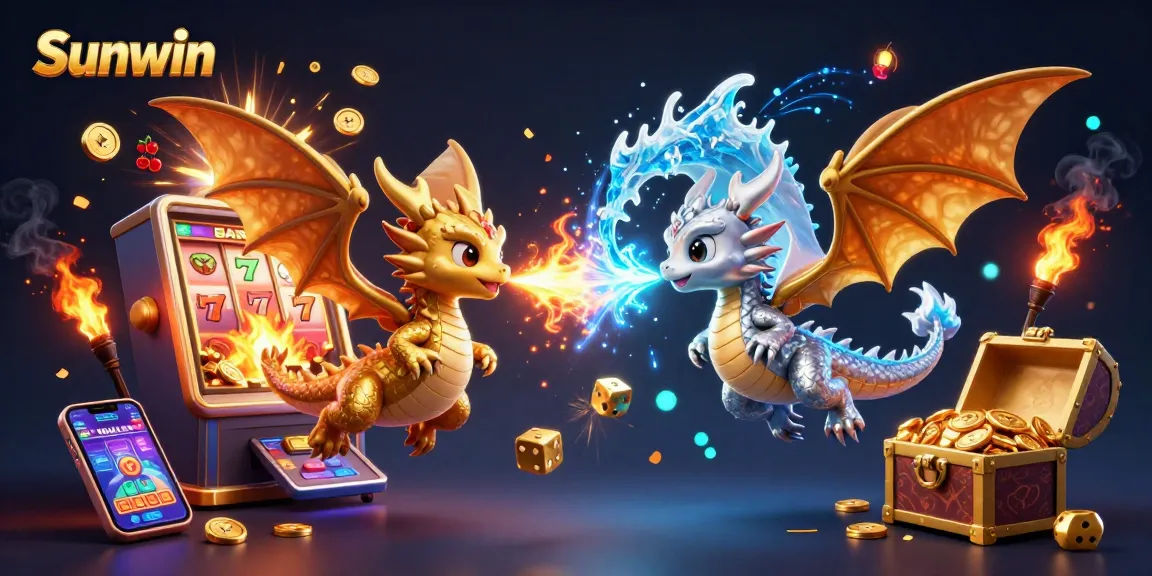 Experience exciting gameplay with Sunwin as dragons unleash fire and ice amidst casino symbols.