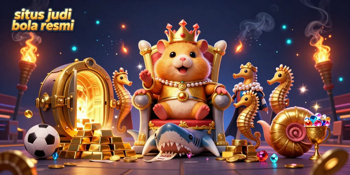 A dynamic scene featuring a fierce golden hamster king on a megalodon throne, representing situs judi bola resmi with sports elements and treasure.