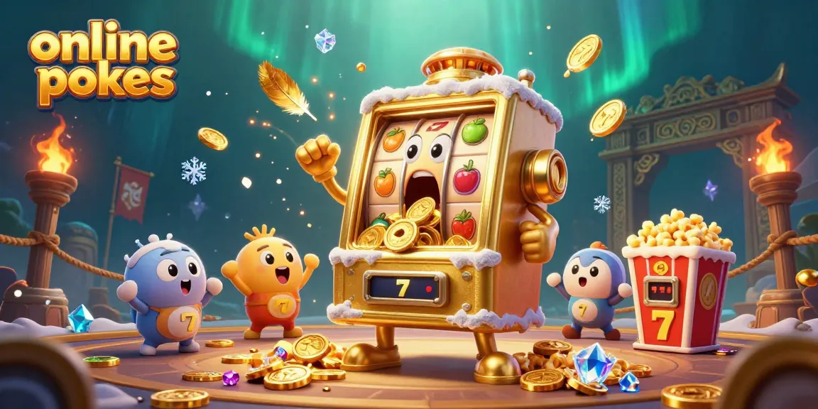 Spin the online pokies as a golden slot machine hits a jackpot with coins pouring out.