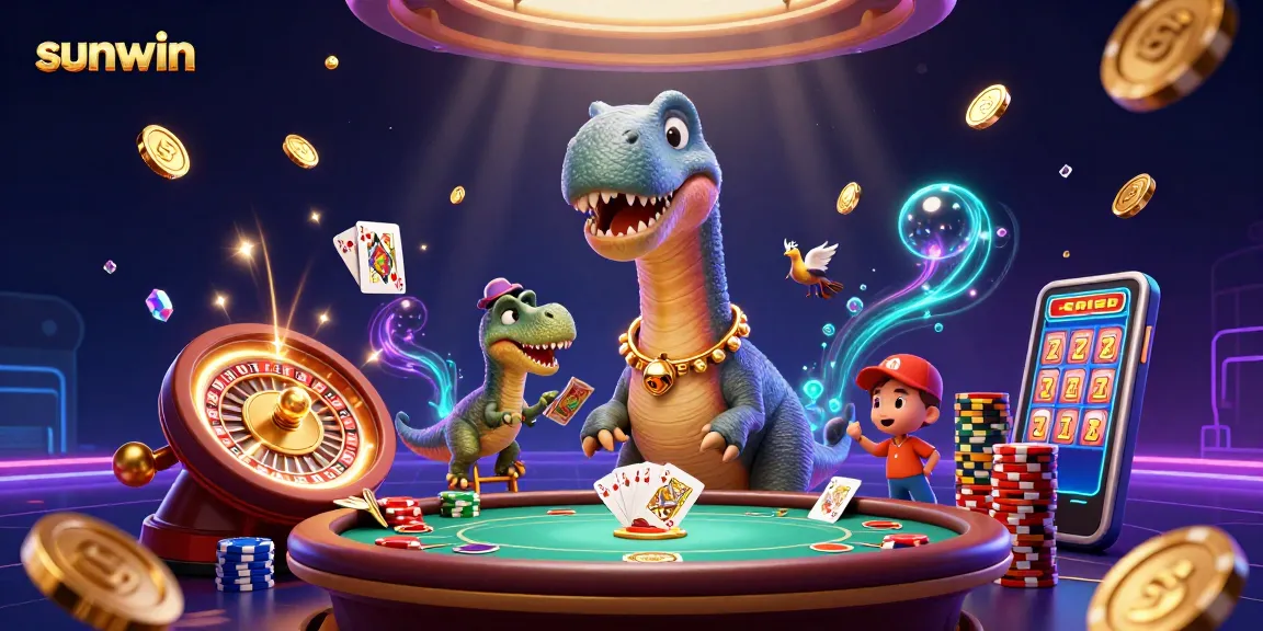 Engage with sunwin in an imaginative 3D cartoon casino scene featuring dinosaurs and vibrant game elements.