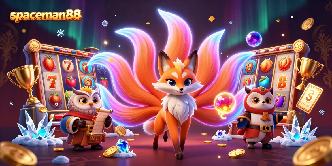 Experience excitement at spaceman88 with dynamic slot reels and vibrant characters in this detailed casino illustration.