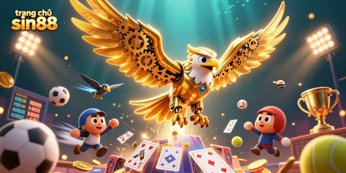 Experience the thrill of trang chủ sin88 with engaging visuals of a cybernetic eagle amidst dynamic sports elements.