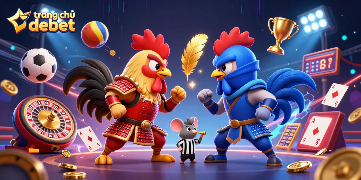 Action-packed scene of fighting roosters on trang chủ debet, highlighting dynamic gambling elements